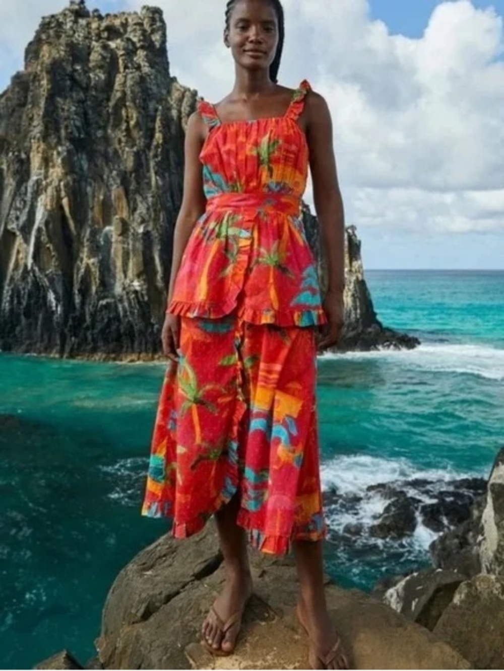 FARM Rio Ipanema Tropical Ruffle Midi Dress Red Resort Autumn Wedding Guest L